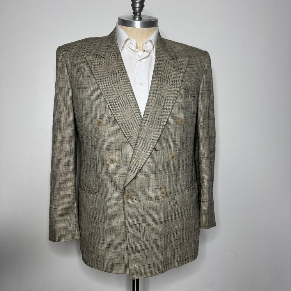 Classic Men's Double-Breasted Plaid Sport Coat - Tan/Beige